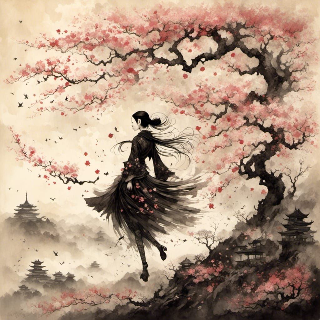 <lora:Sosaku hanga:1.0> <lora:Lily Harmony:1.0> <lora:mist:1.0> A cherry blossom fairy Wearing punk clothes With a Japan...