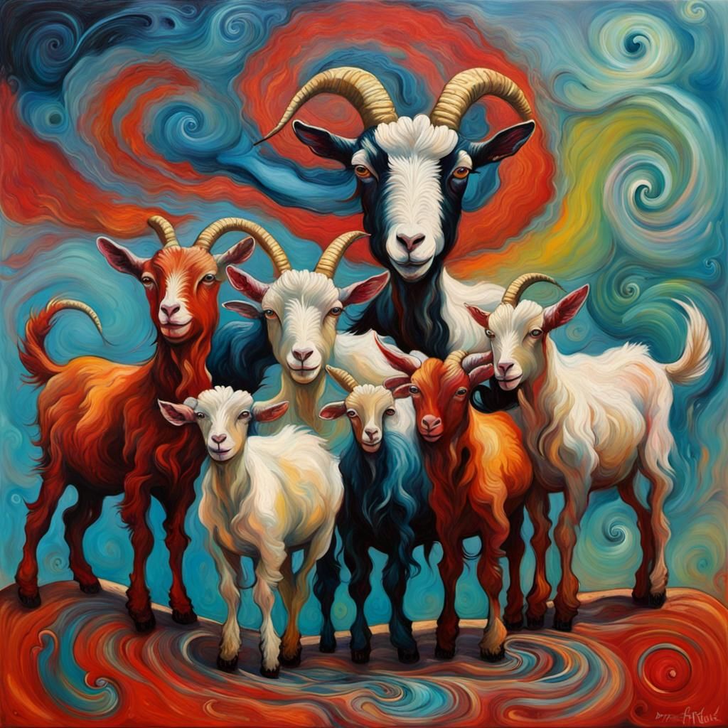 Surrealist Goat Farm in Vibrant Encaustic Swirls