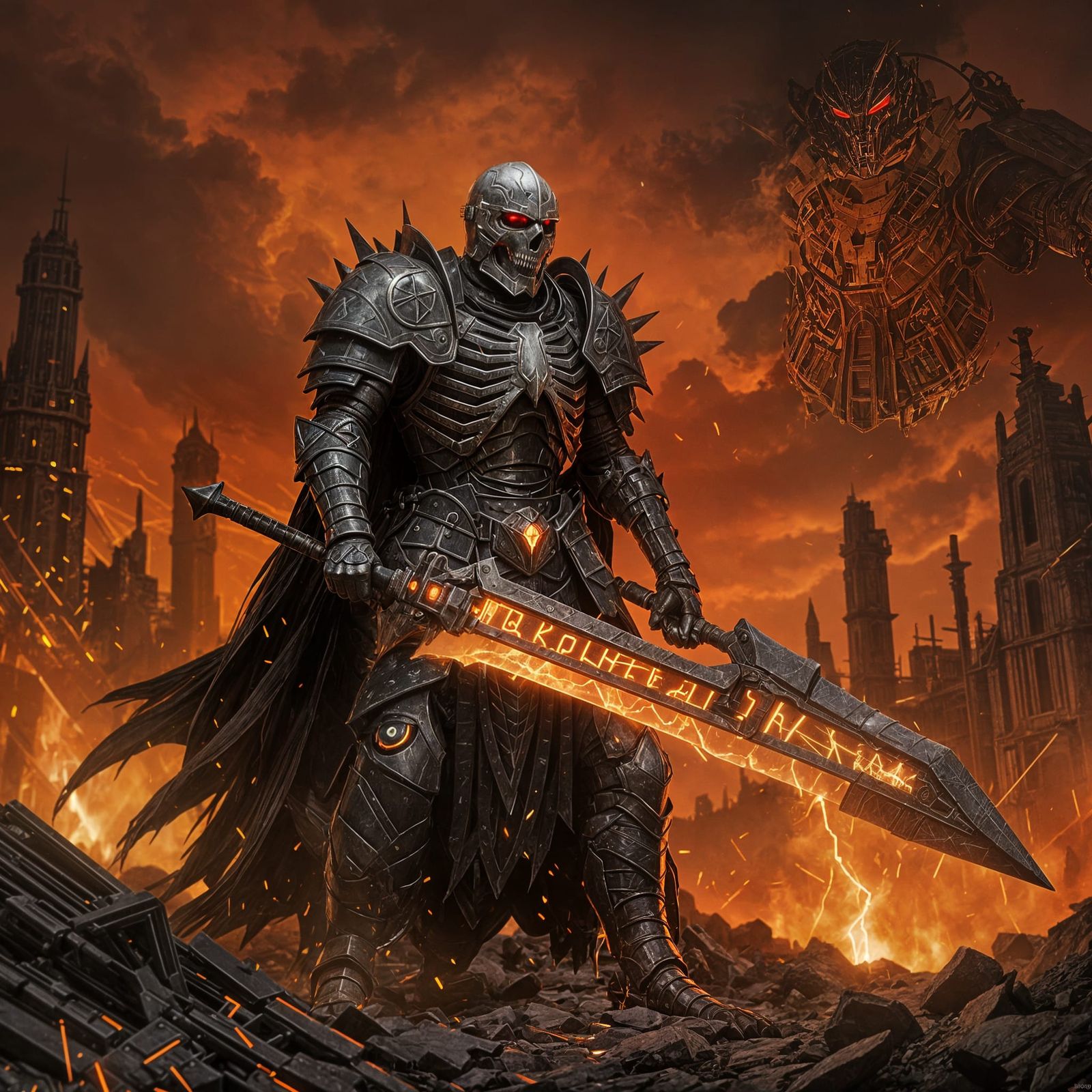 Skeleton Overlord in Bone Armor with Greatsword Amidst Ruins