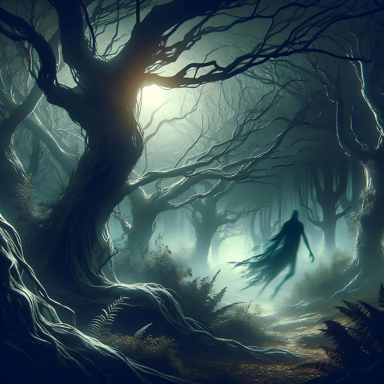Invisible Stalker in Shadowy Forest: Dark Fantasy Art