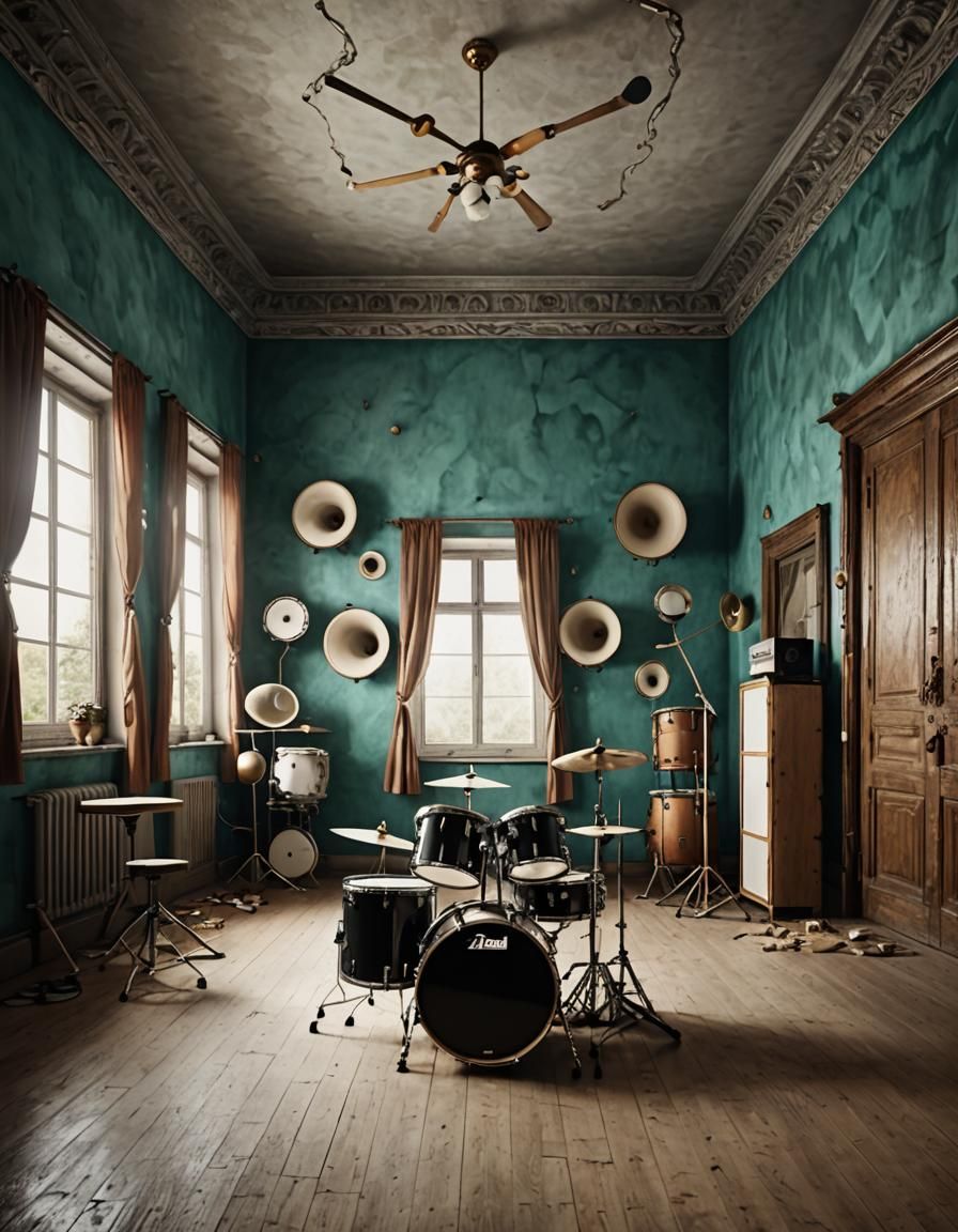 Surreal Room Interior with Drums