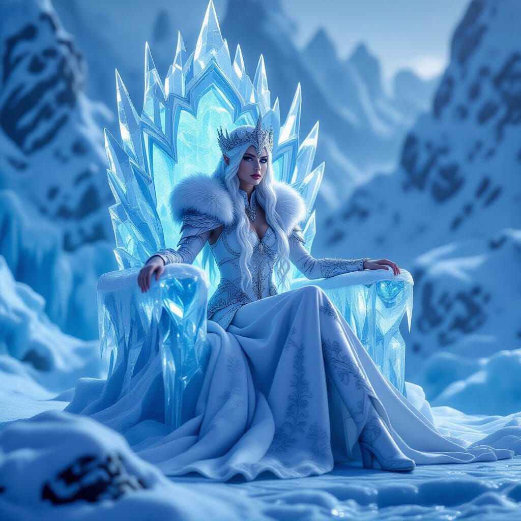 Ice Princess on Frozen Throne in Mystical Realism Style