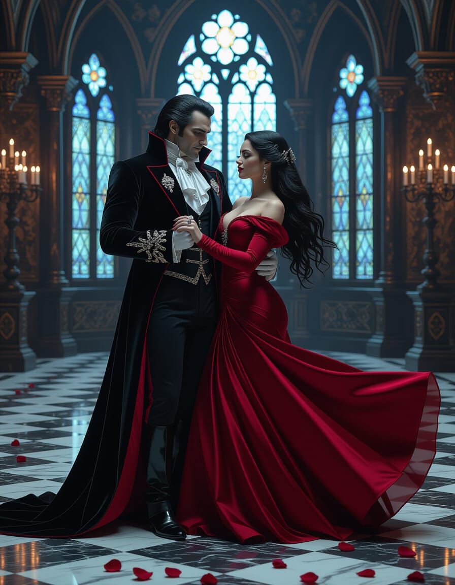 Dracula and Werewolf Waltz in Gothic Ballroom