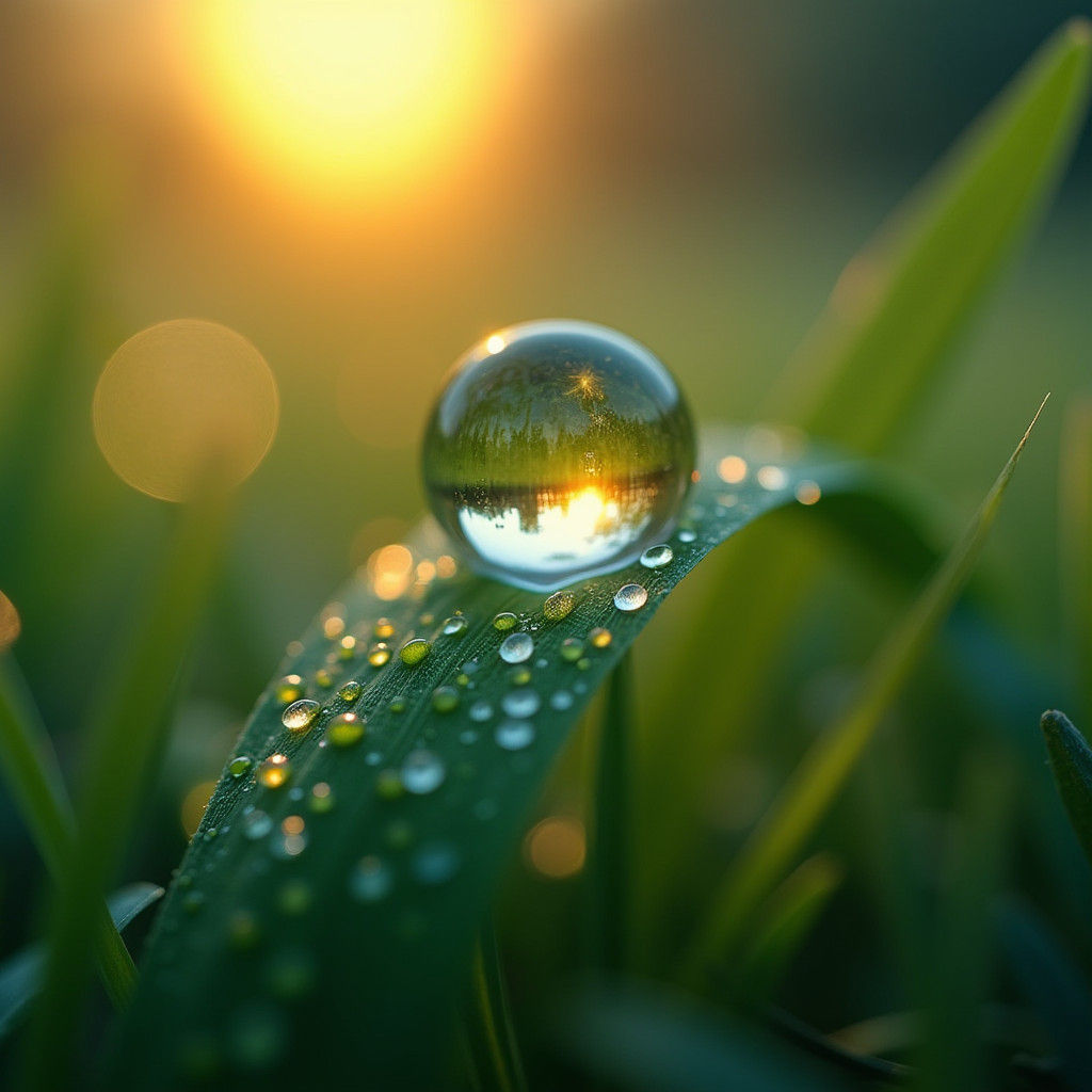 Hyperrealistic Dewdrop at Sunrise Macro View