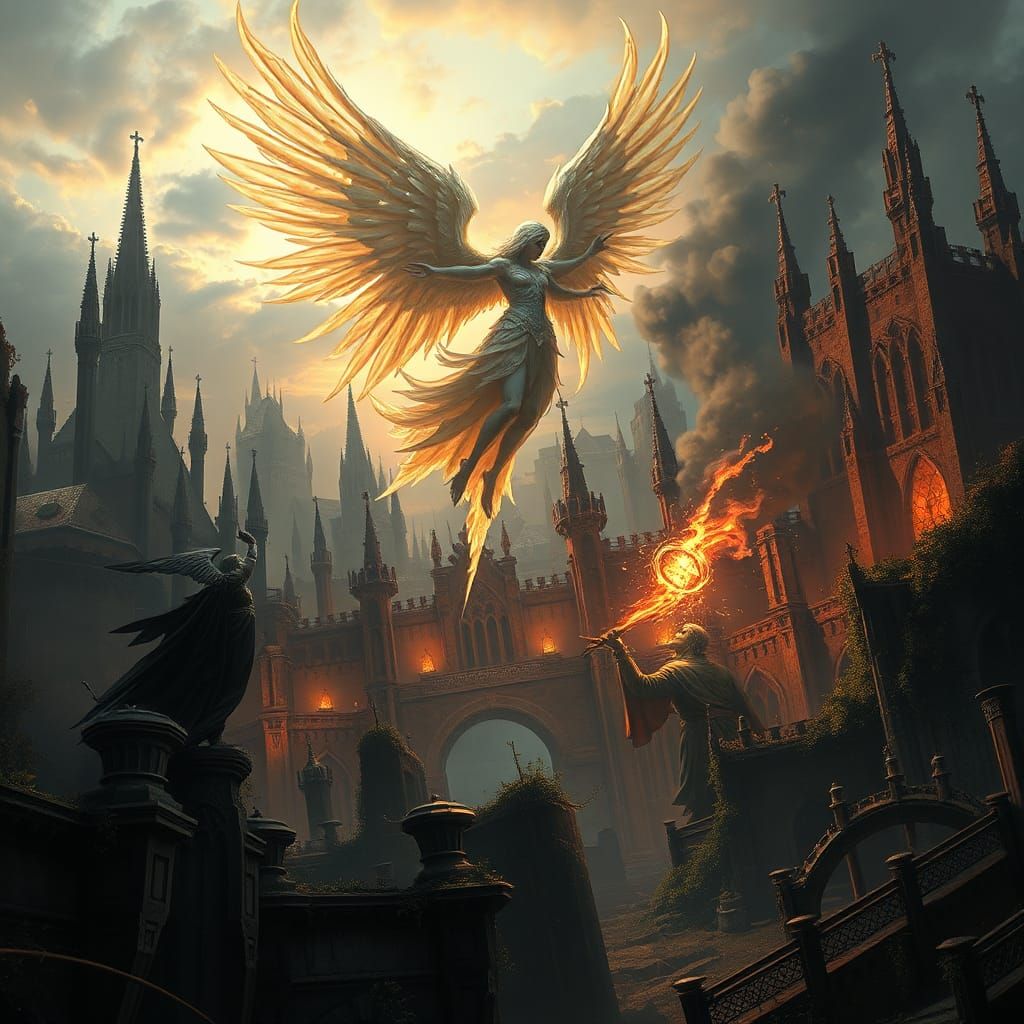 Angel vs Sorcerer: Epic Battle in Gothic City