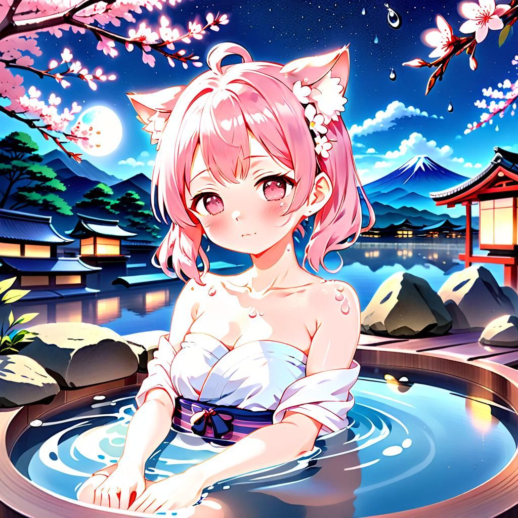 Anime Cat-Girl Relaxing in Moonlit Onsen