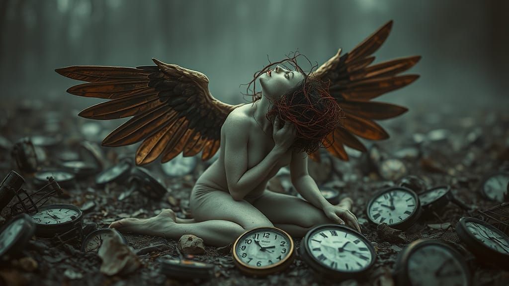 Dramatic Angel in Garden of Broken Clocks