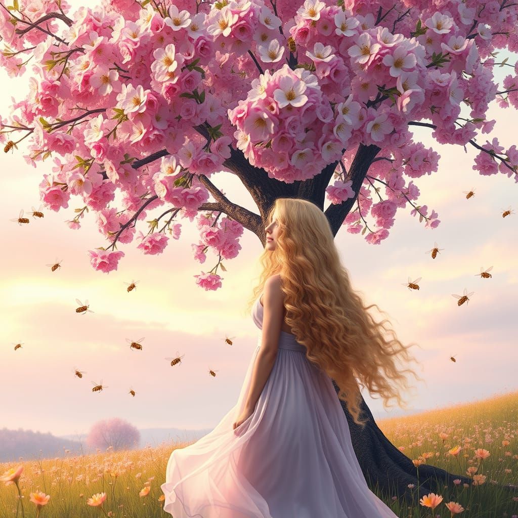 Whimsical Woman Surrounded by Blossoming Tree and Honey Bees...