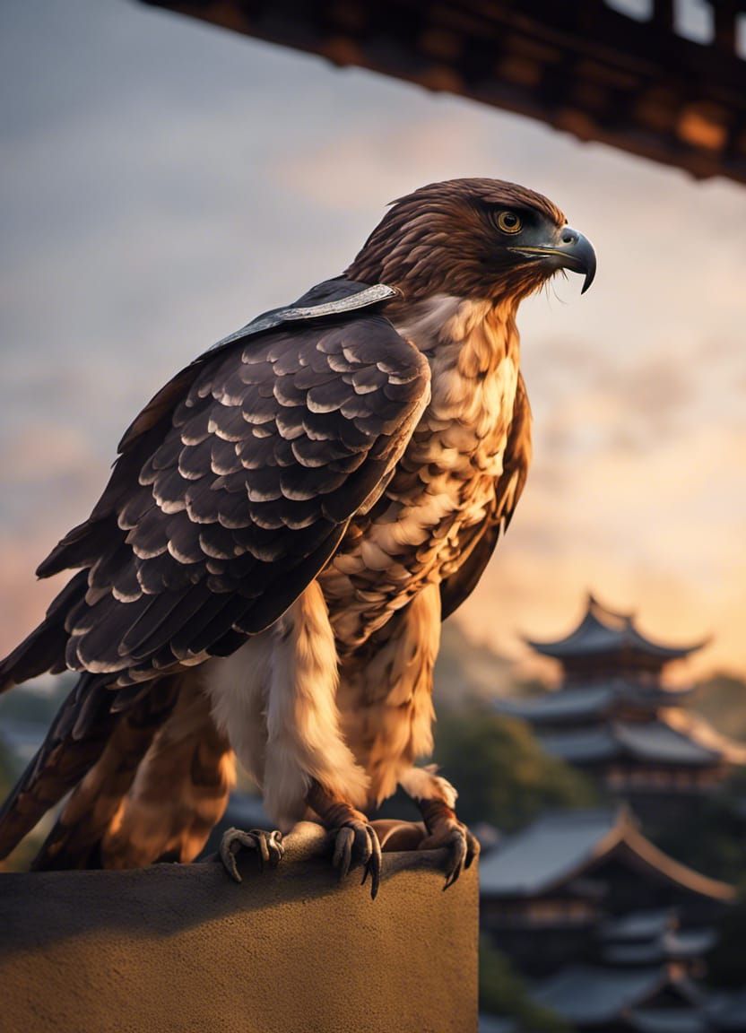 Hawk Sentinel in Samurai Fortress, Ukiyo-e Style