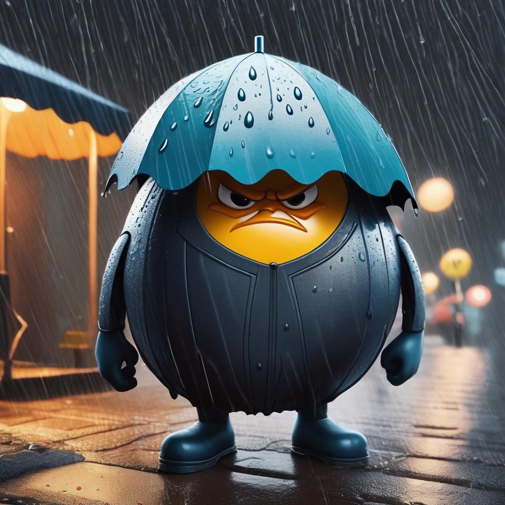 Furious Anthropomorphic Egg in Rain with Umbrella