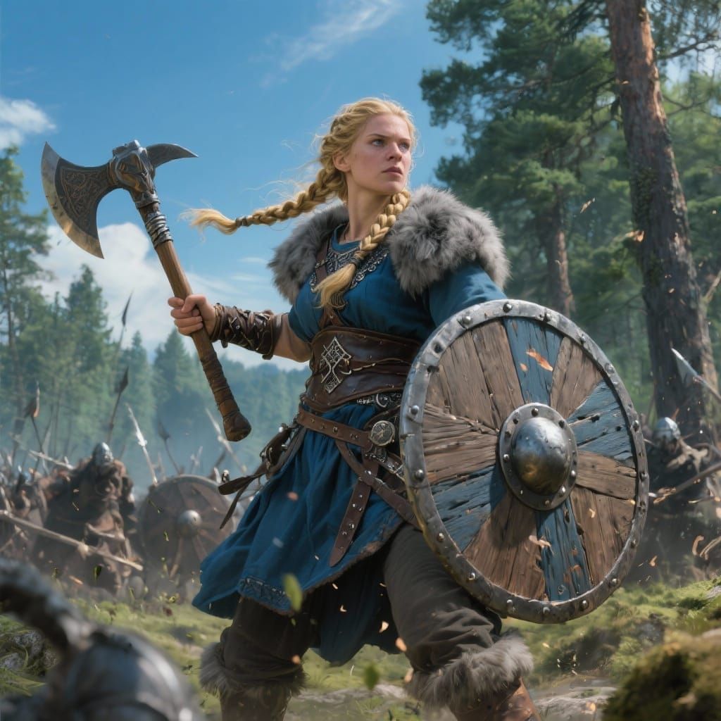 Viking Shieldmaiden Commands a Raid in Nordic Forest