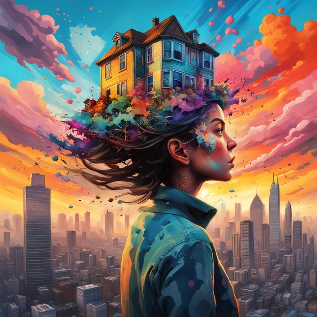 Surreal House on Woman's Head, Digital Art