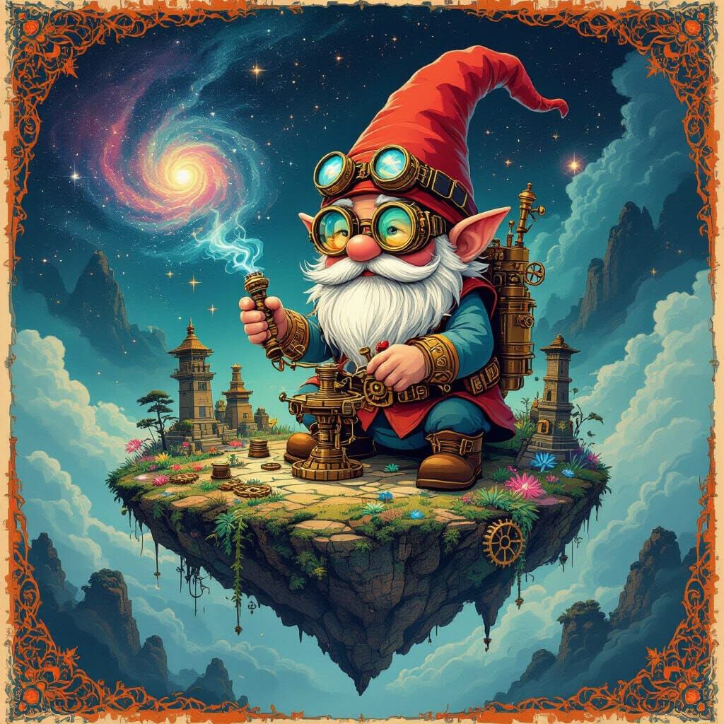 Steampunk Gnome Tinkerer on Floating Island