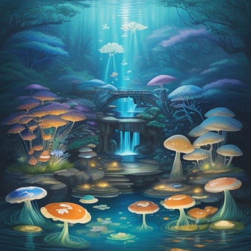 Dreamscape Koi Pond with Bioluminescent Jellyfish, Watercolo...