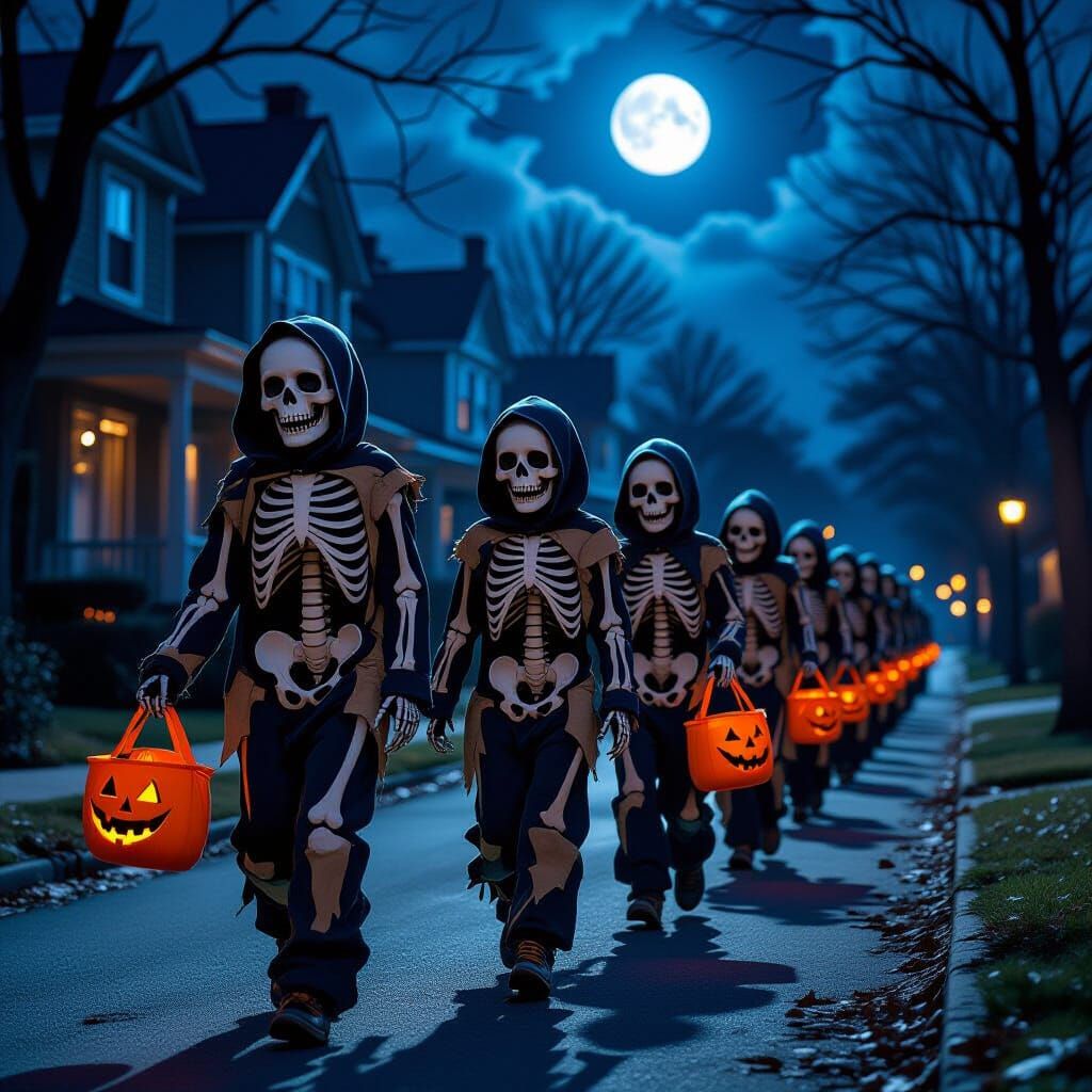 Teenage Skeleton Army Trick-or-Treating on Spooky Street