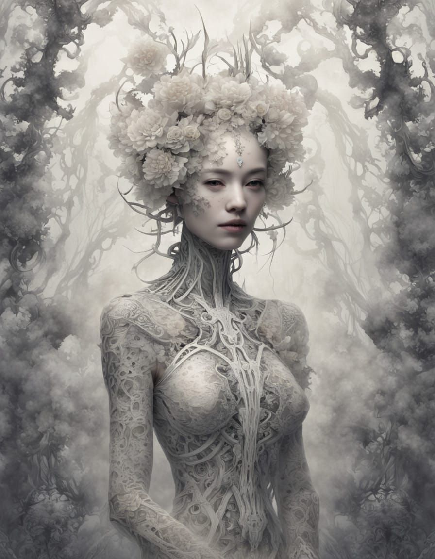 Cyber Droid in Faded Lace Patterns, Shoji Screen Background