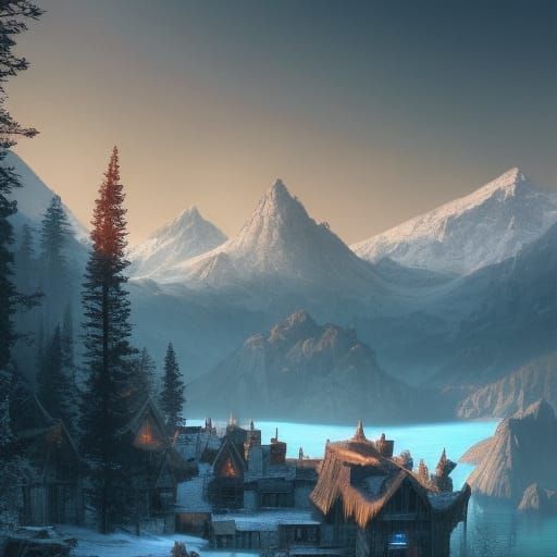 High Gothic Village in Snow, Fantasy Art