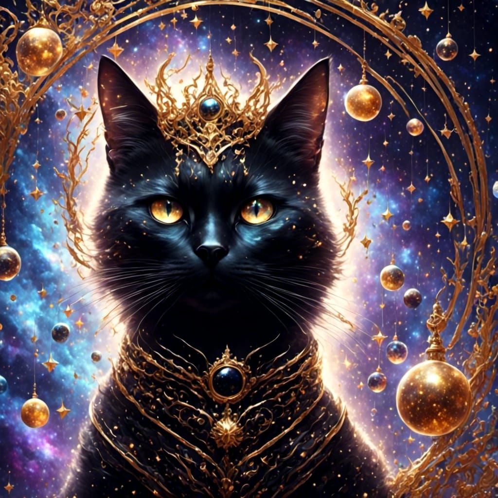 Black Cat in Starry Galaxy Night