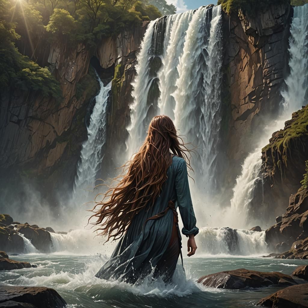 Triumphant Girl at Waterfall: Fantasy Concept Art