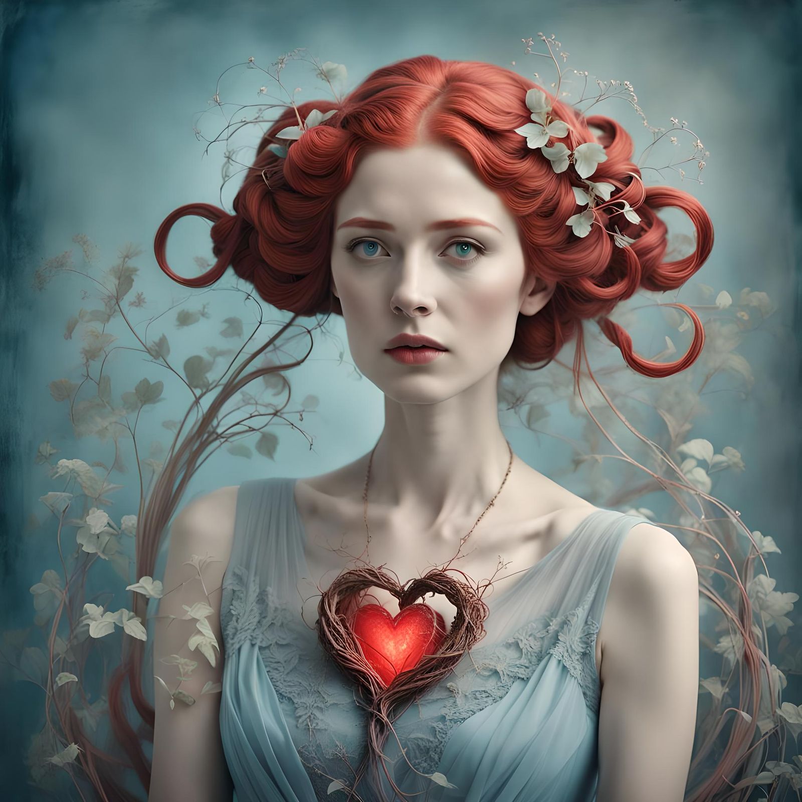 Red Haired Woman with Heart Roots in Digital Art