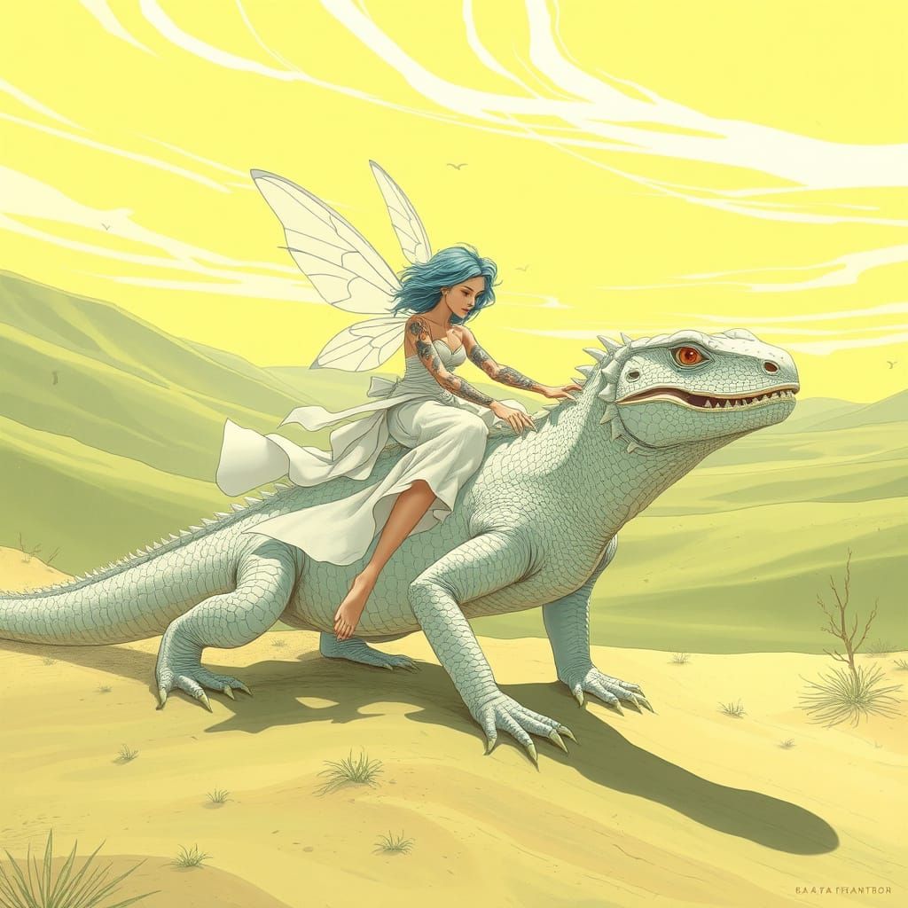 Fairy on Lizard in Green Desert, Fantasy Art