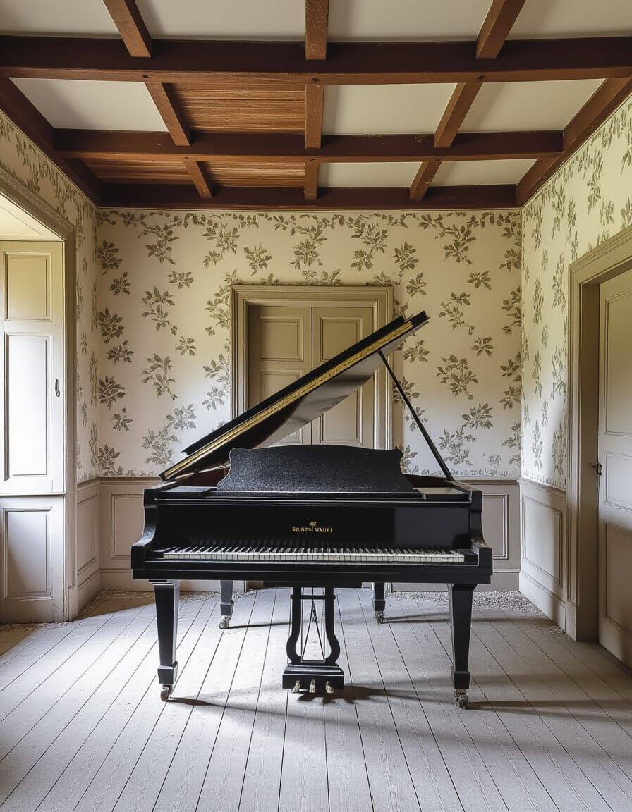 Dusty Black Piano in Abandoned Mansion Foyer