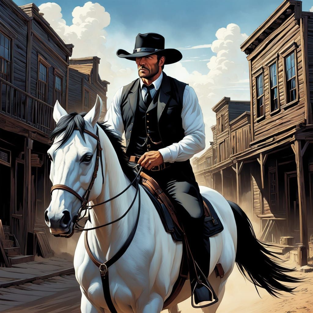 Cowboy Rides Through Ghost Town in Realistic Low Angle