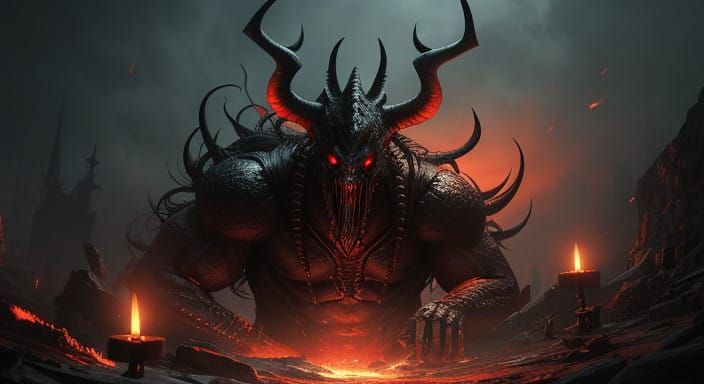 Surreal Nightmarish Demon Confronts Gods in Dark, Iridescent...