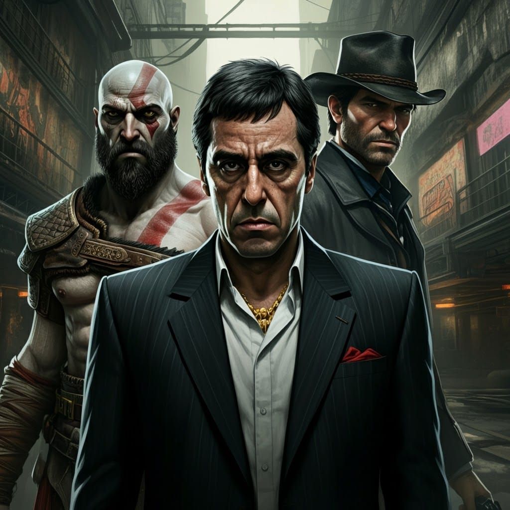 Kratos, Tony Montana, and Arthur Morgan in Urban Landscape