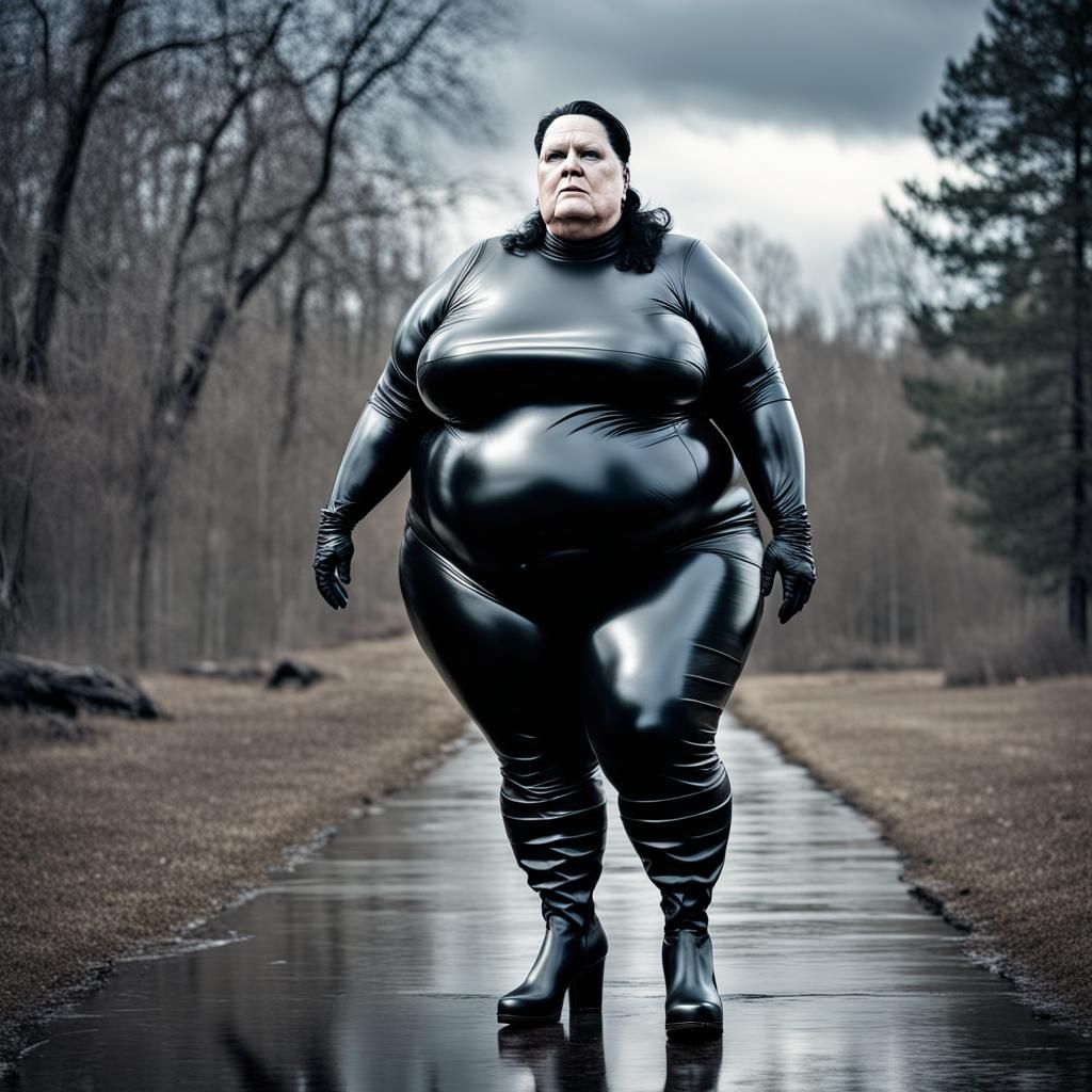 Plus-Size Woman in Latex and Boots Outdoors