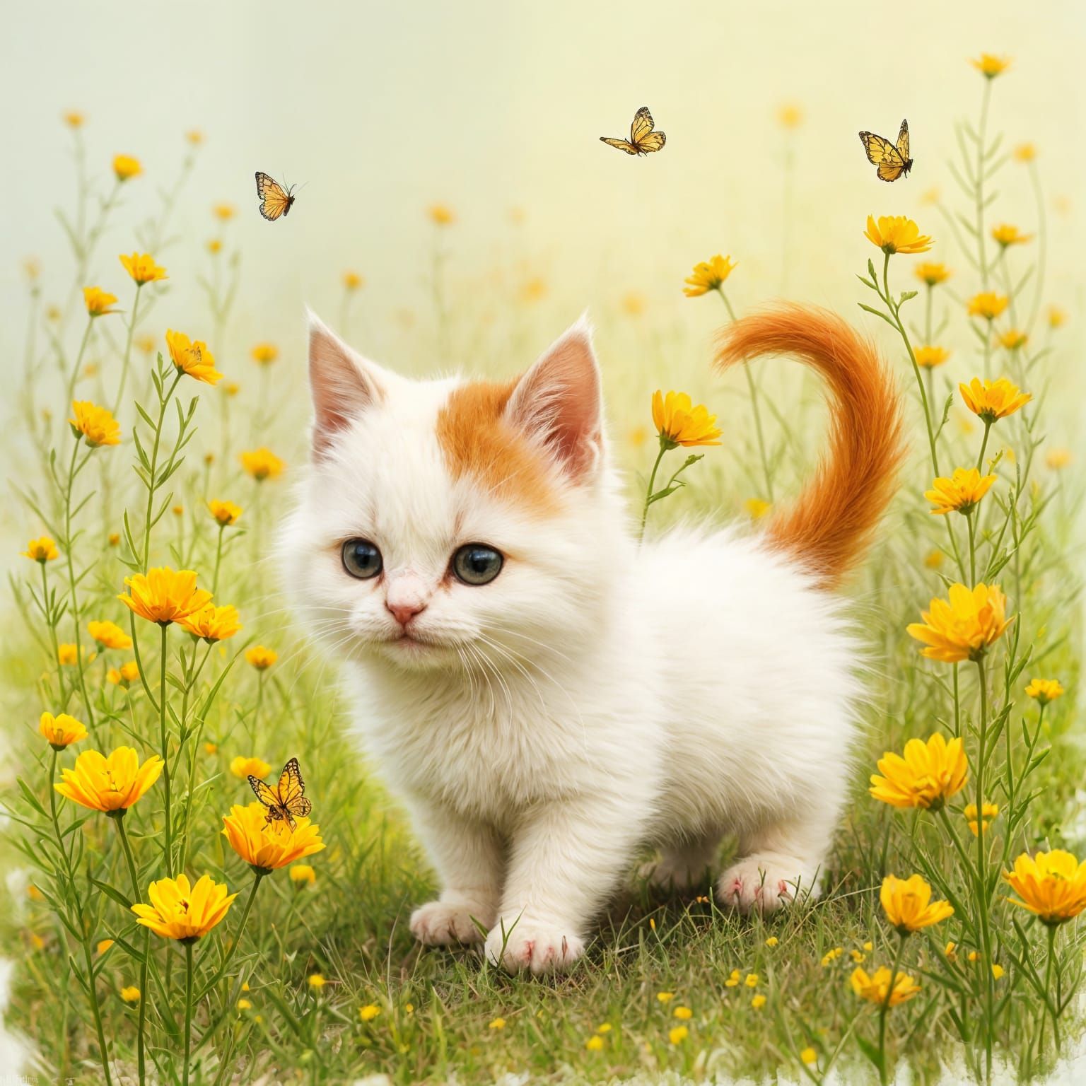 Whimsical White Kitten Plays in Vibrant Buttercup Meadow