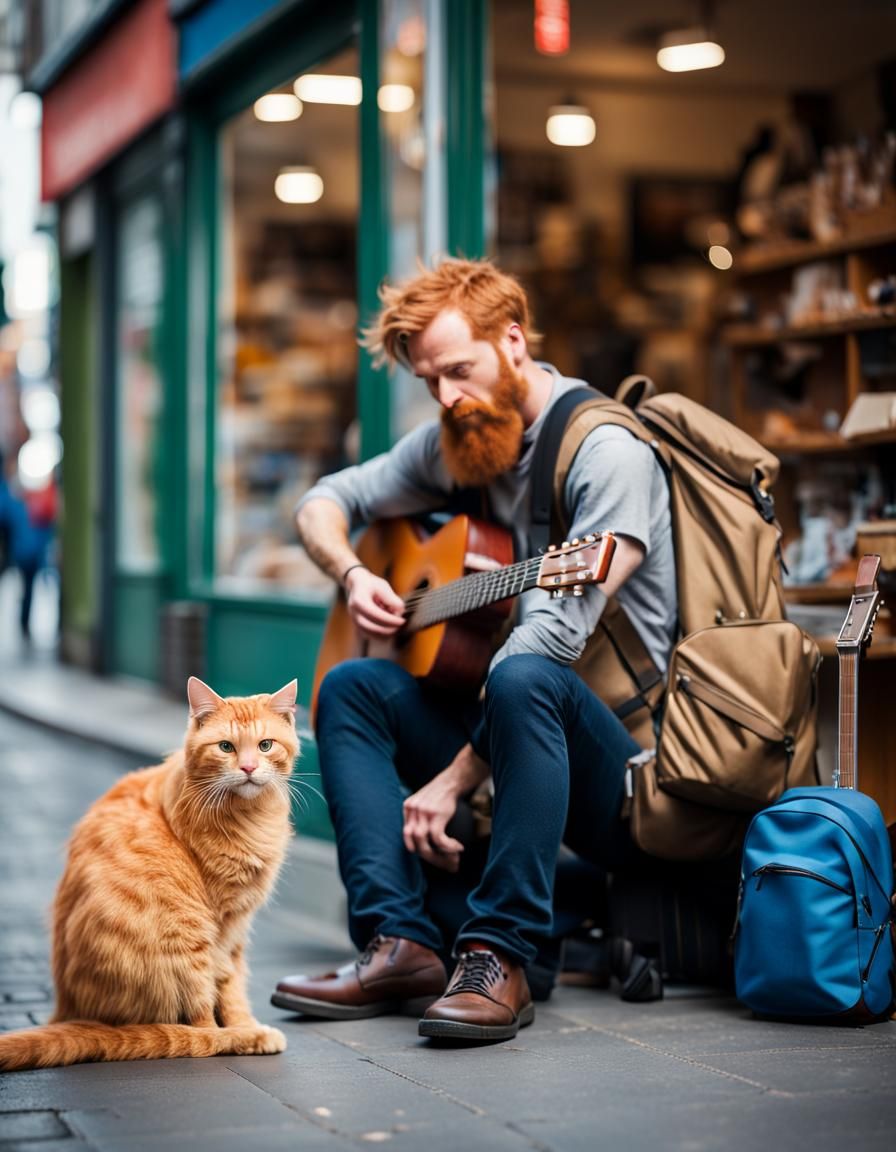 Homeless Singer With Guitar and Cat in Natural Light