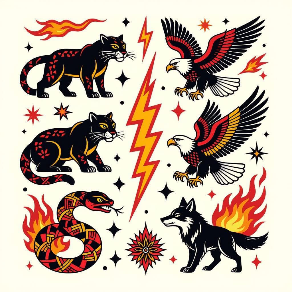 Neo-Traditional Flash Tattoo Sheet with Stylized Animals