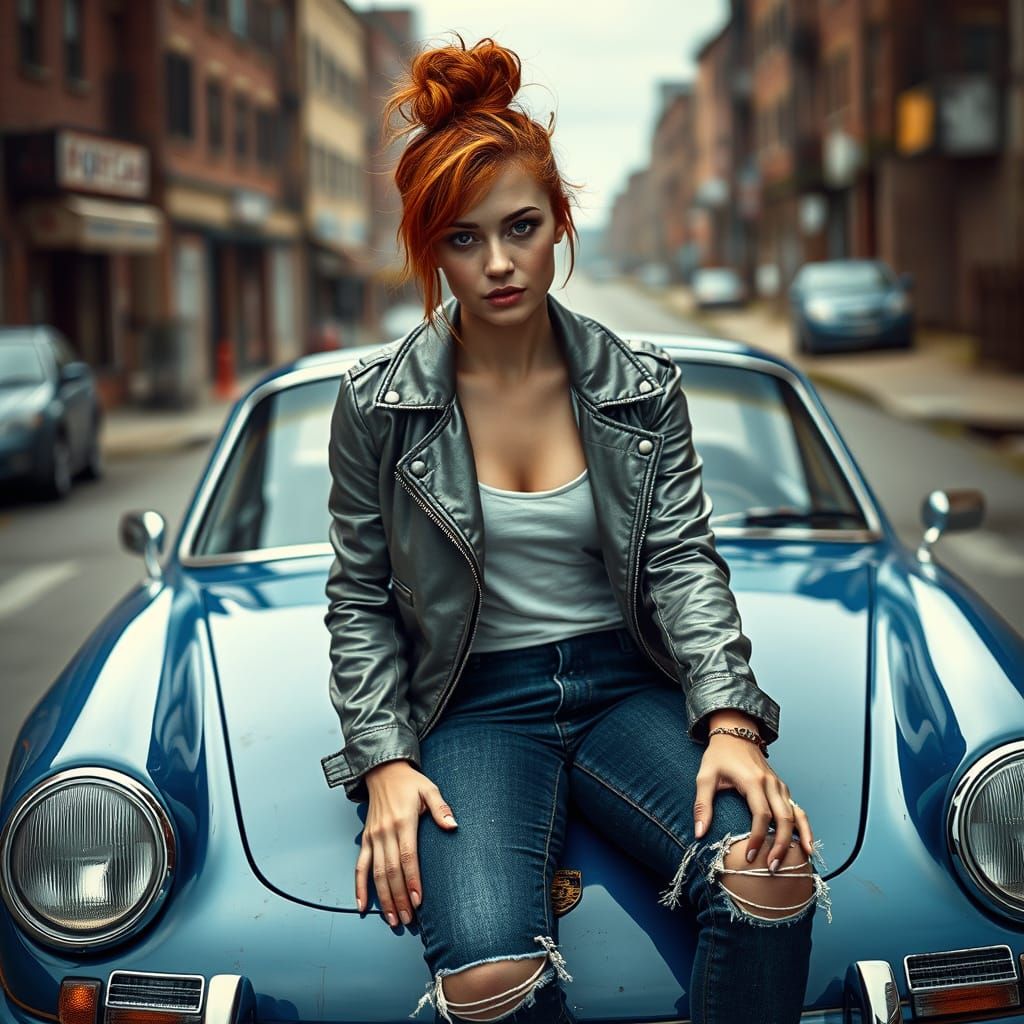 Redhead on Porsche: Gritty Urban Realism