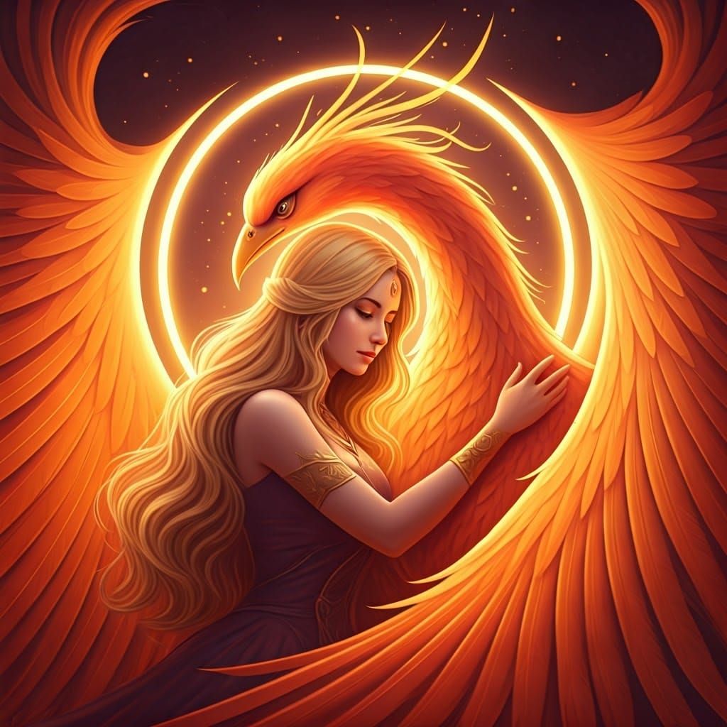 Phoenix and Tarot Reader in Dreamlike Anime Style