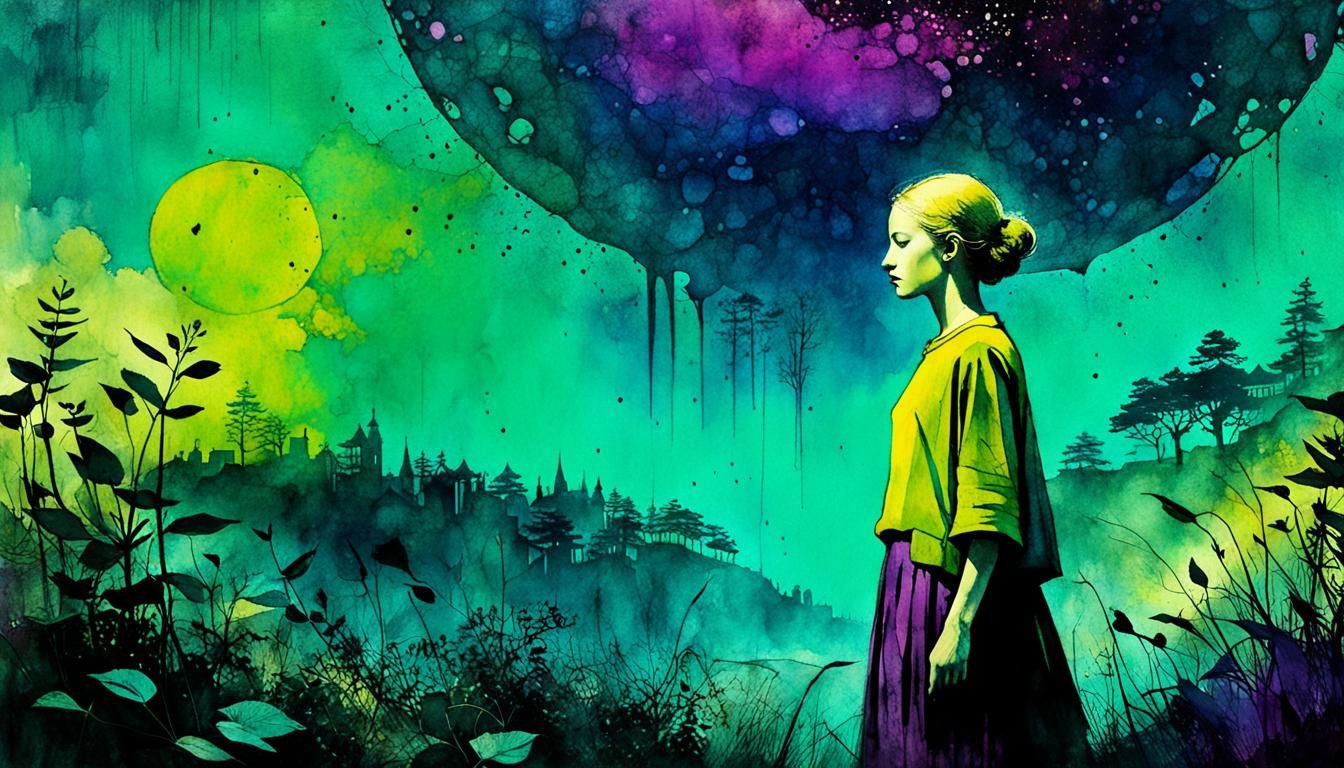 Stylized Watercolor Art in Lime, Teal, and Purple