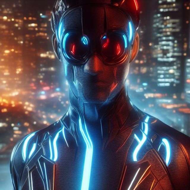 TRON STYLE brunette hair Lady in black with glowing blue bodysuit with TRON INSPIRED multicolored cityscape background d...