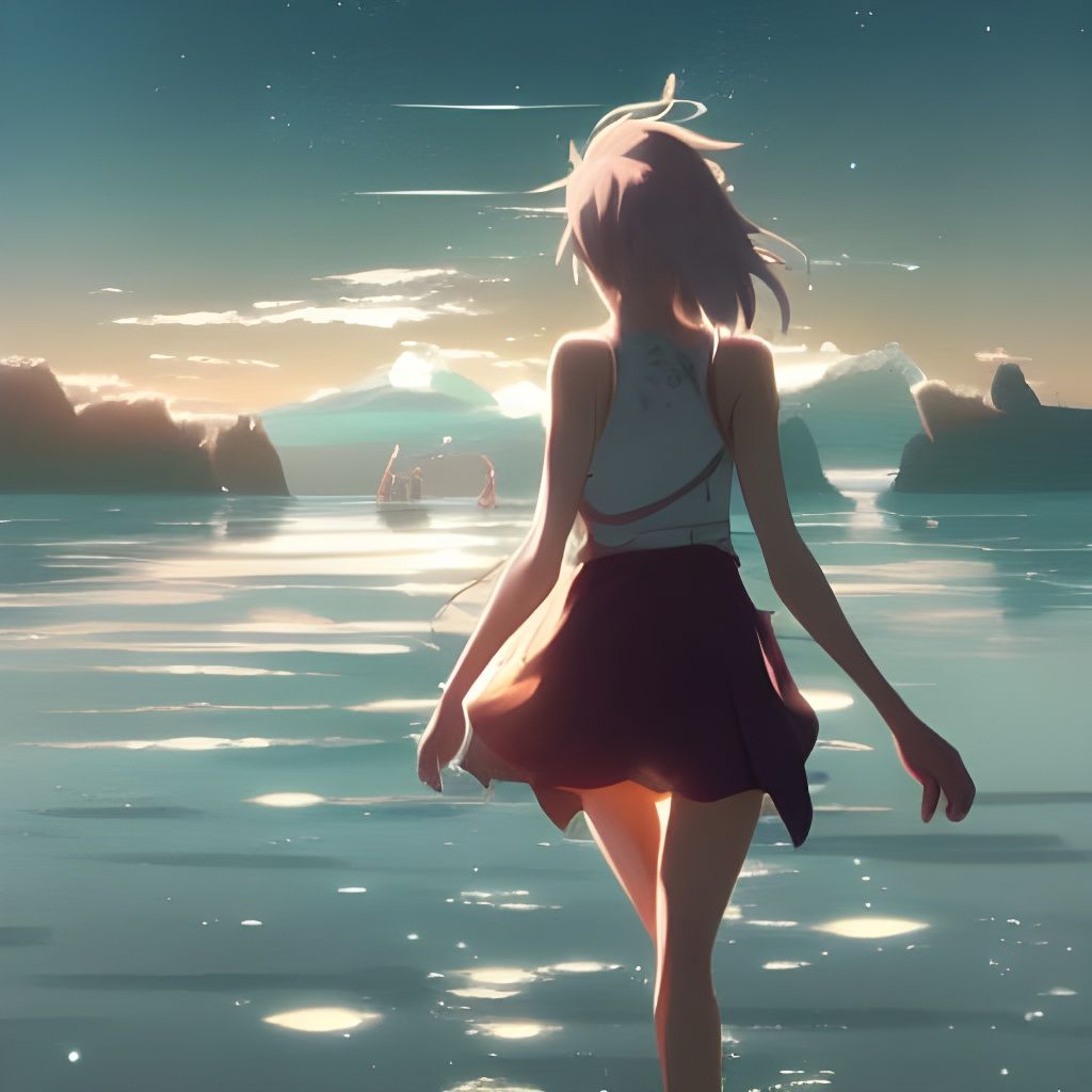 Anime Girl Walks on Water at Dawn with Saturn