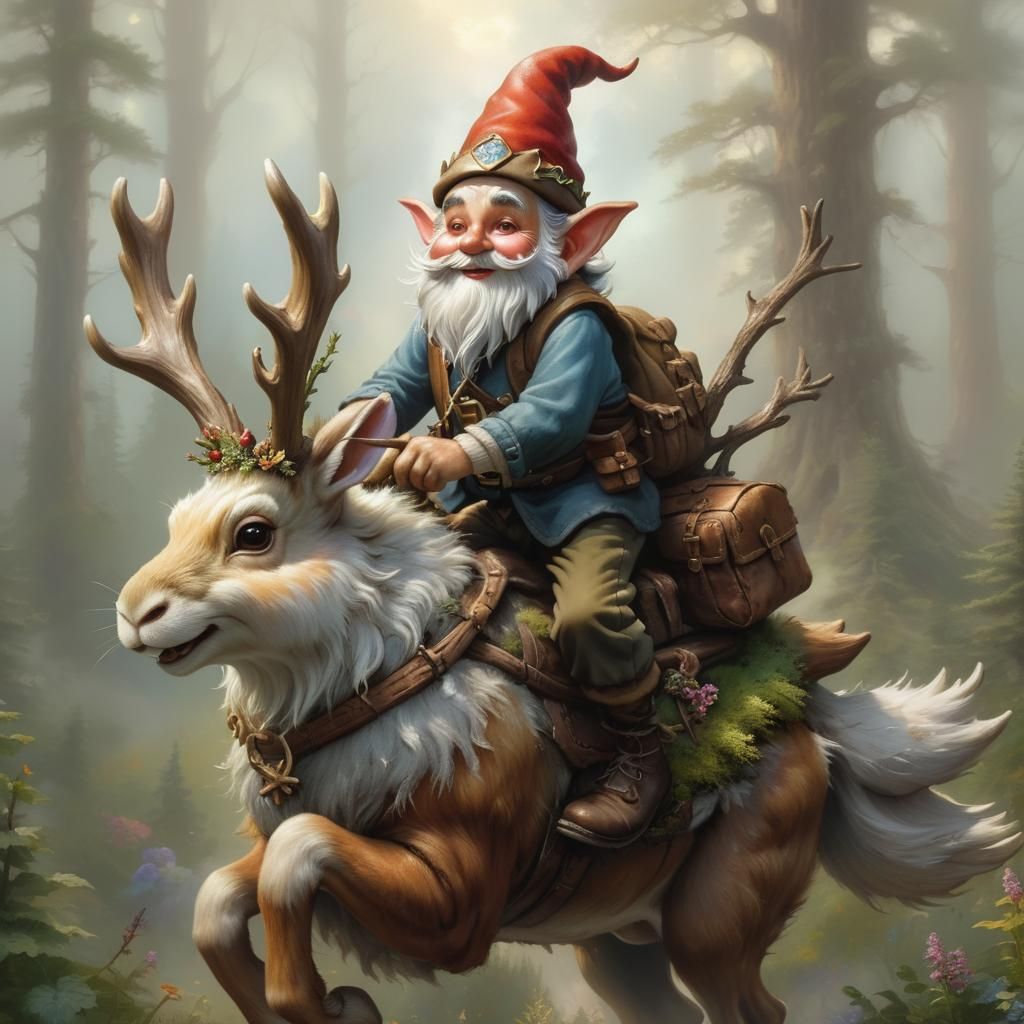 Gnome Rides Jackalope in Ethereal Forest