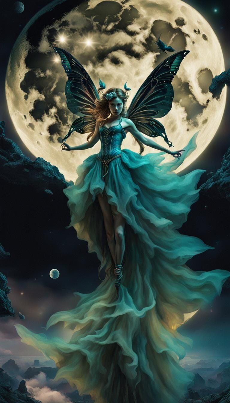Fairy Hangs from the Moon in Haunting Necronomicon Style