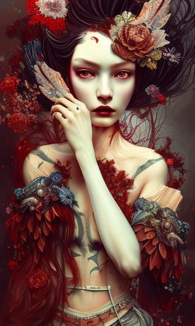 A beautiful red-lipped red feather adorned woman posing