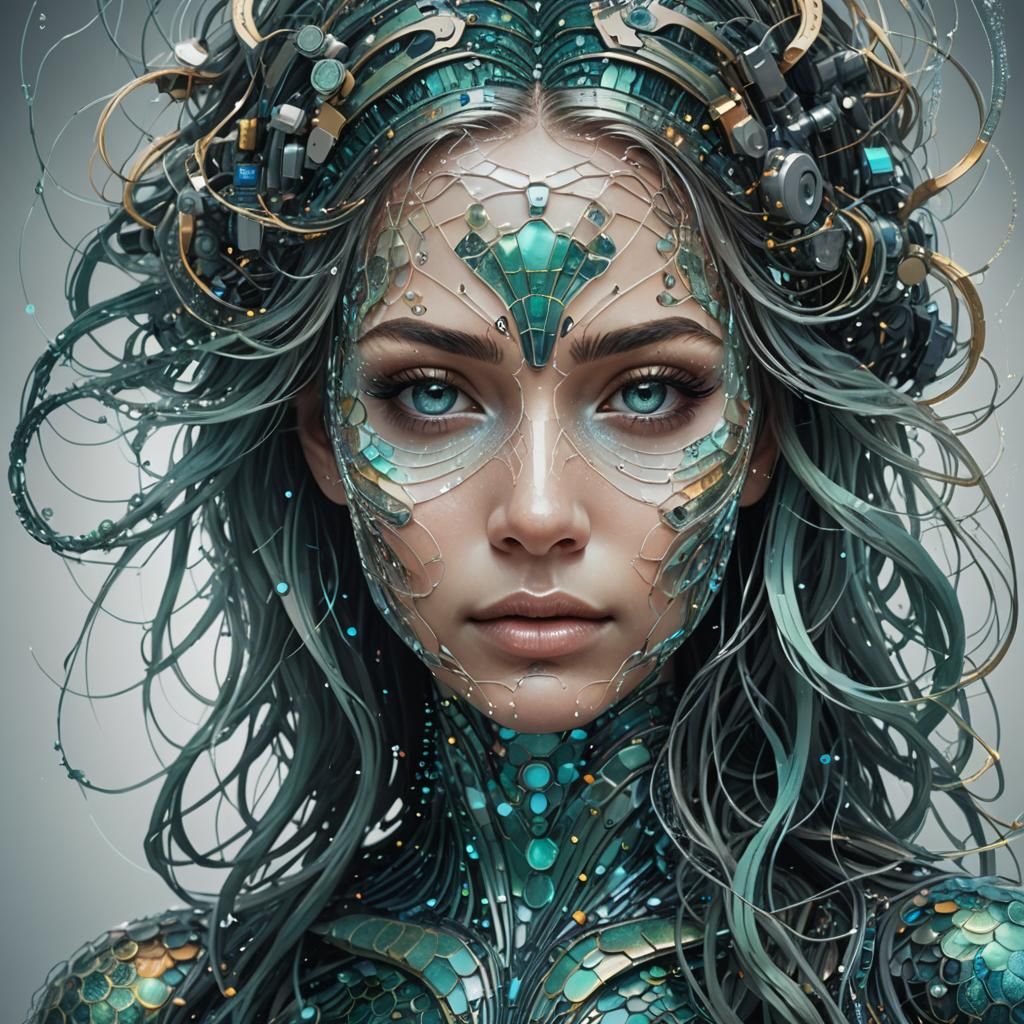 Futuristic Mermaid Portrait Composed of Data Systems