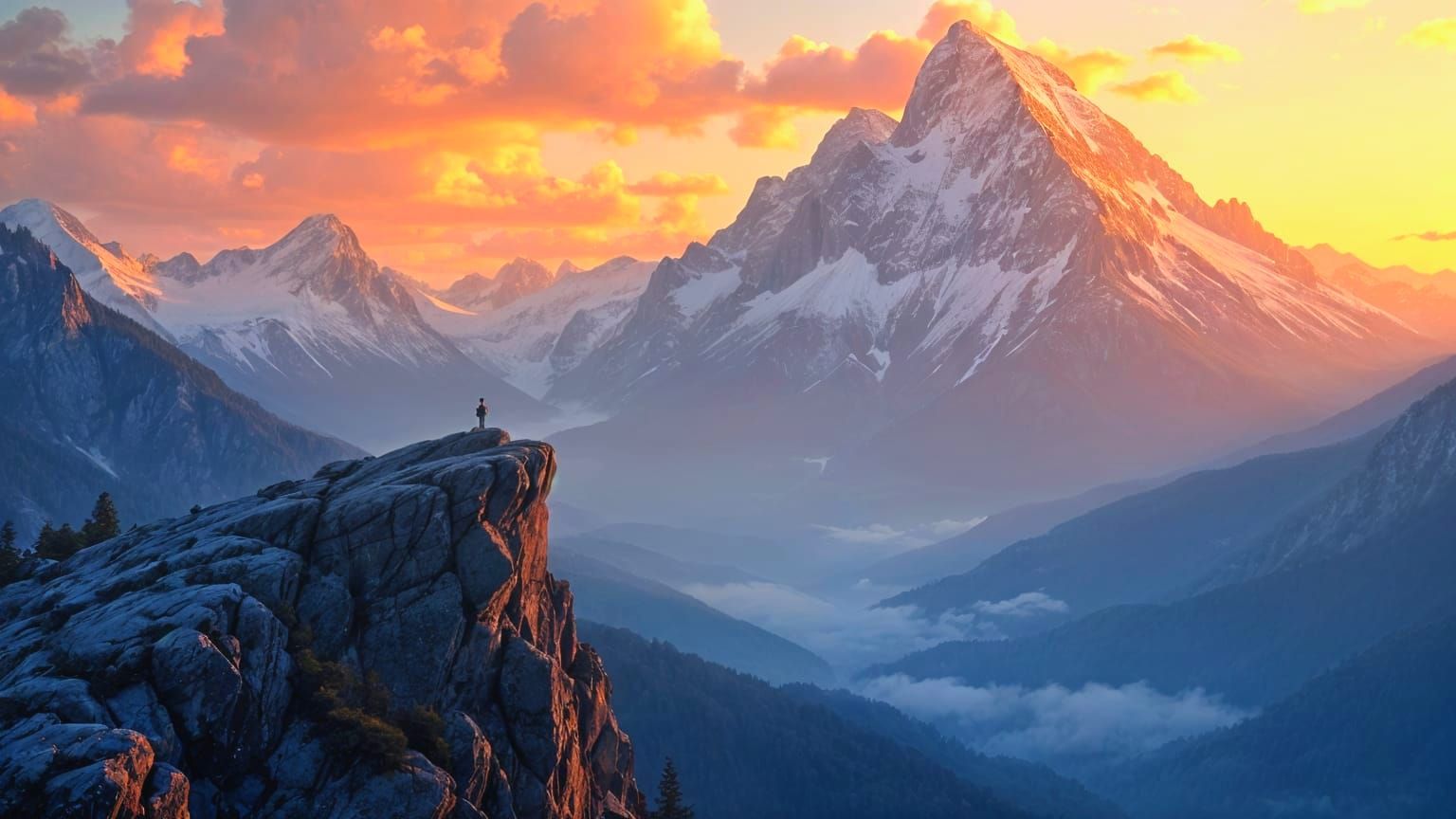 Craggy Mountain Peaks at Sunrise, Golden Hour