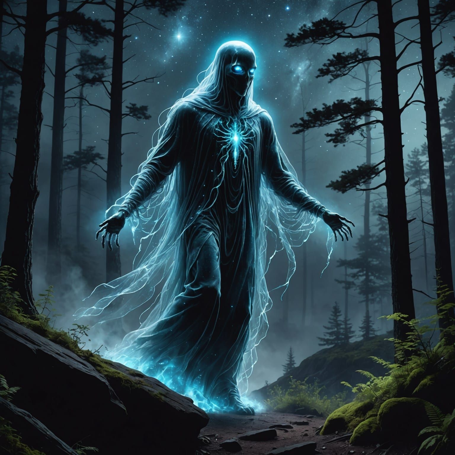 Bioluminescent Ghost on Forest Cliff Under Galaxy