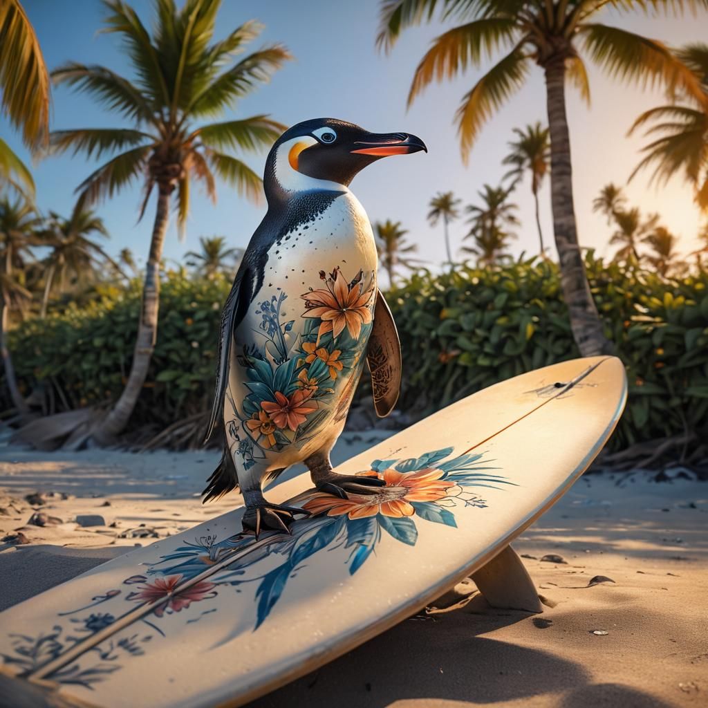 Tattooed Penguin on Tropical Beach: Wildlife Illustration