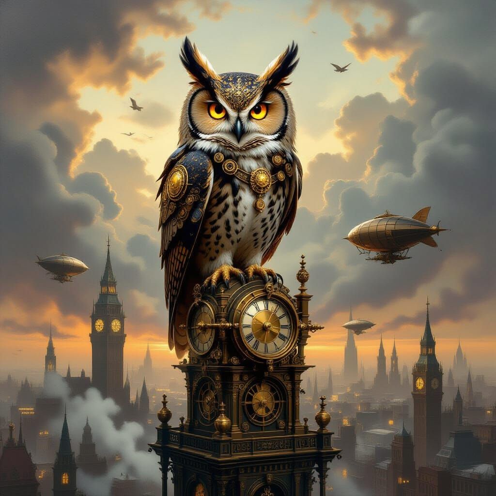 Steampunk Owl Guardian on Clockwork Tower