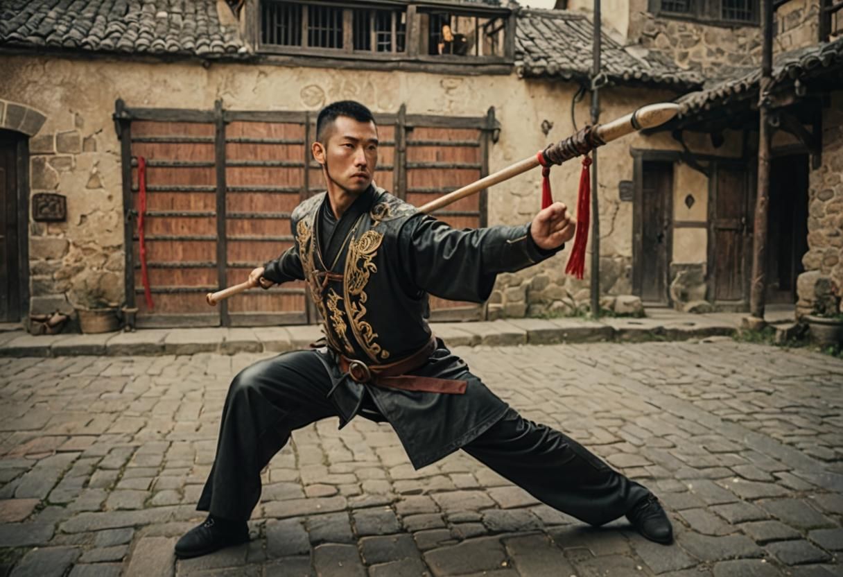 Medieval Warrior with Staff-Spear, Cinematic Film Still