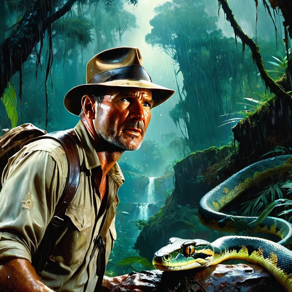 Indiana Jones and the Serpent in Dramatic Lighting