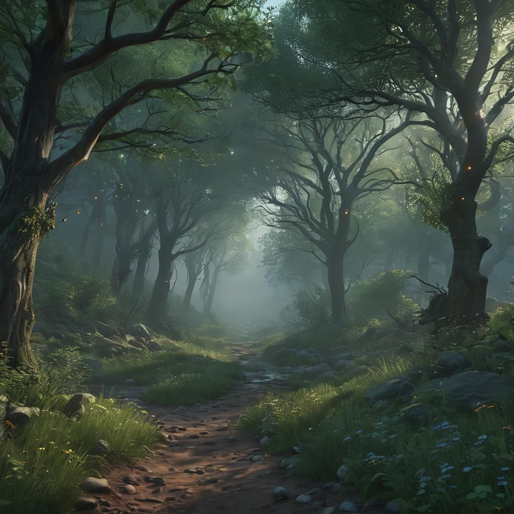 Dreamscape Valley: Golden Light and Fireflies