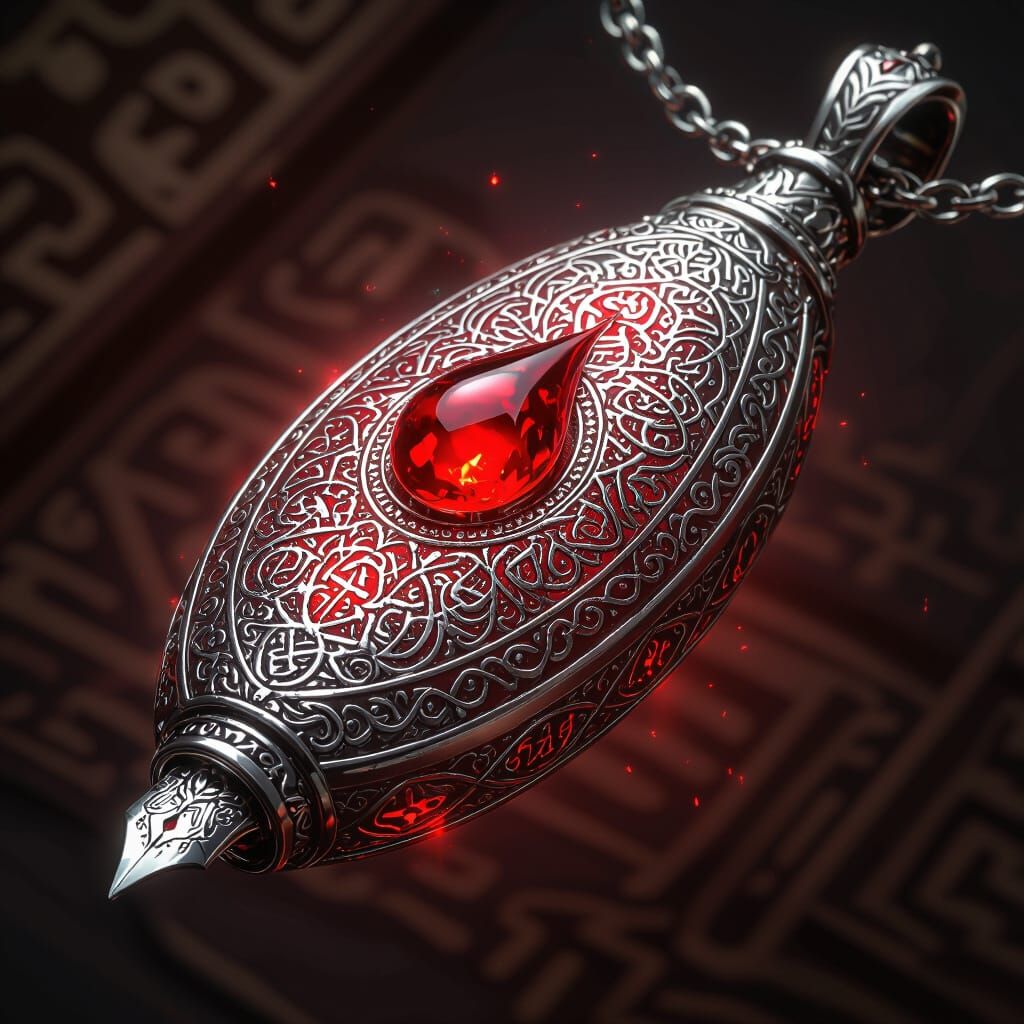 Ornate Silver Fountain Pen Pendant with Mystical Engravings